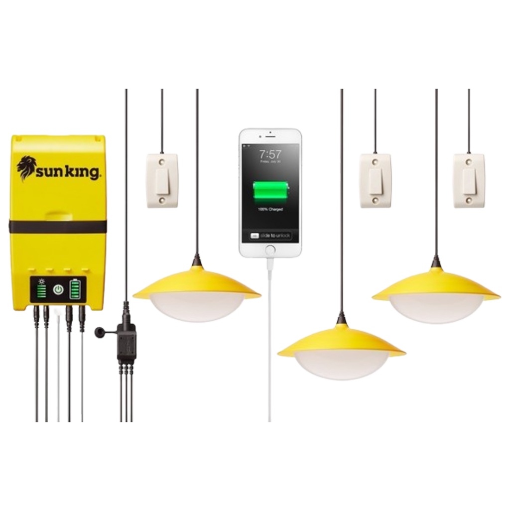 The complete Greenlight Planet Home 120 solar lighting system with three hanging lamps and a solar panel, designed for optimal indoor lighting as the lighting system.