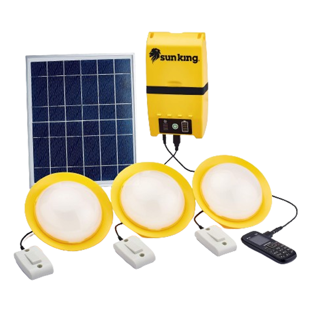 The Greenlight Planet Home 120 solar lighting system with yellow LED lamps, a central control unit, and a solar panel, ideal for the lighting system.