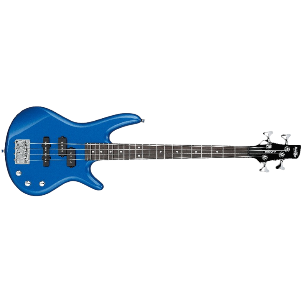 Sleek blue Ibanez GSRM 4-string electric bass, a top pick for novices with its comfortable neck and versatile tones.