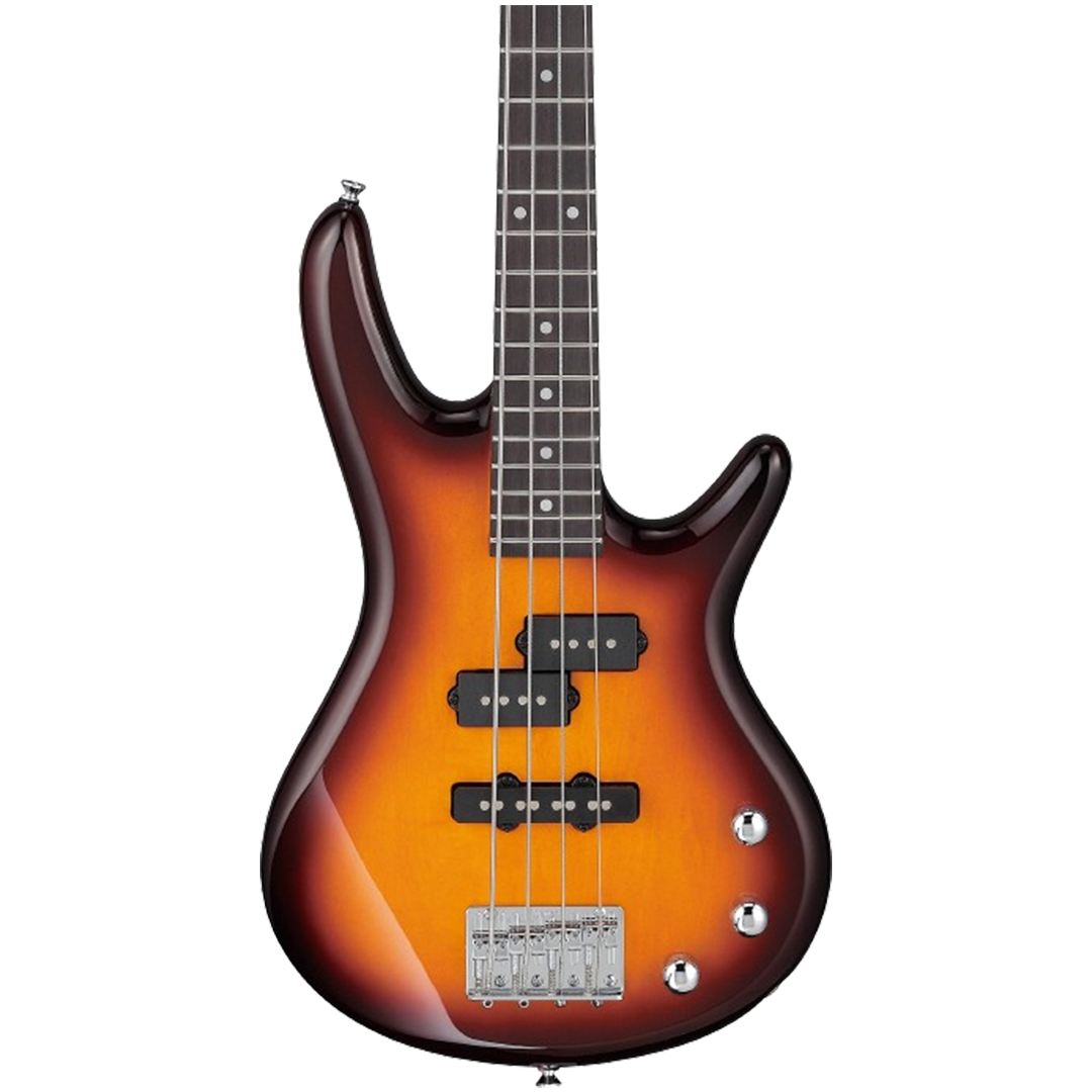 Ibanez GSRM 4-string bass in sunburst, perfect for beginners with its lightweight body and smooth playability.