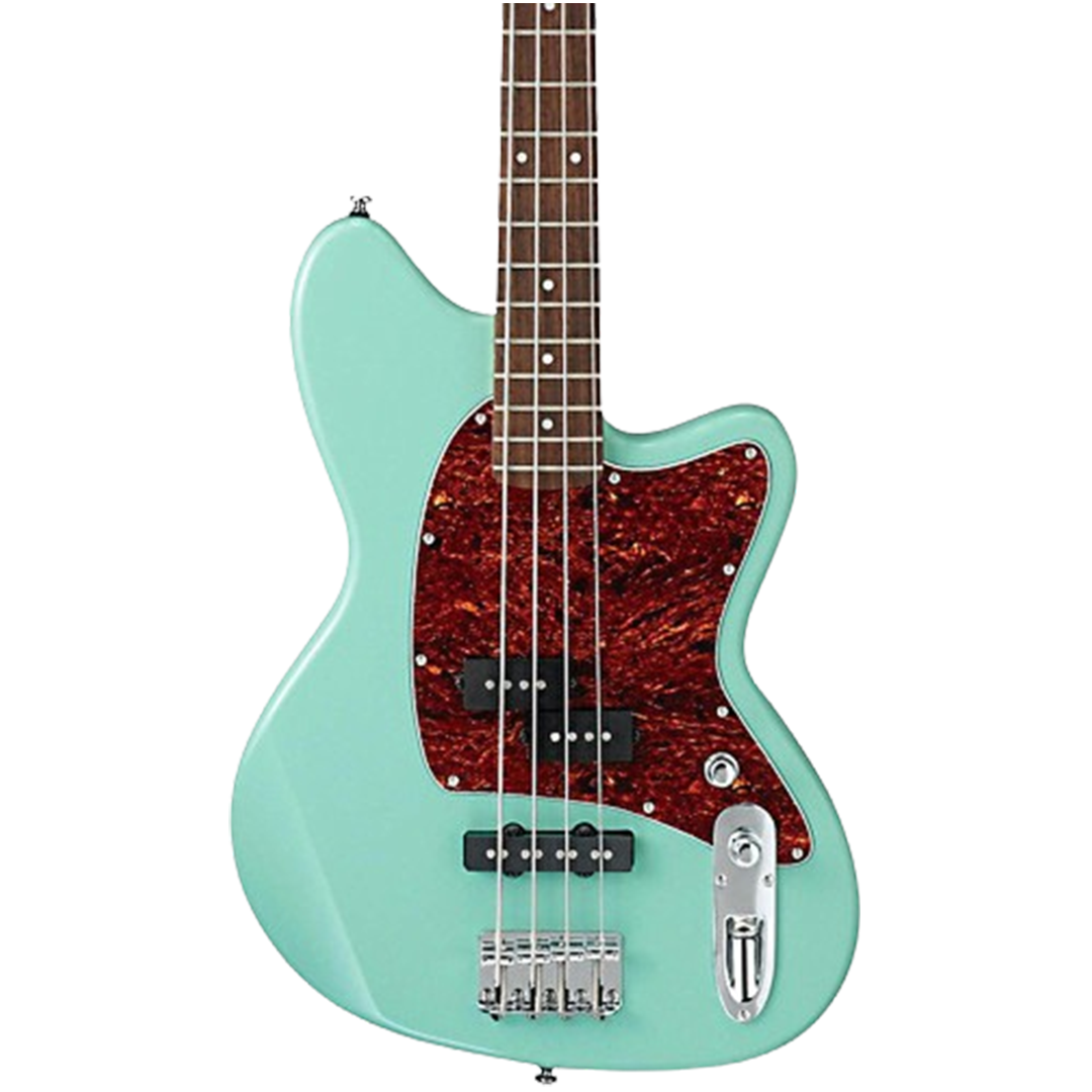 Mint green Ibanez TMB 4-string bass guitar, a beginner favorite for its classic design and user-friendly features.