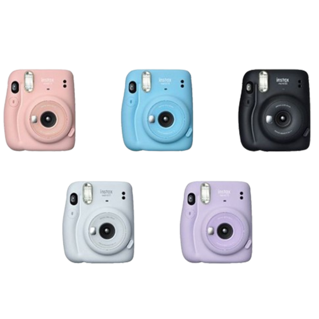 A variety of Instax Mini 11 cameras in pastel pink, sky blue, charcoal black, lavender, and white, perfect for instant memories.