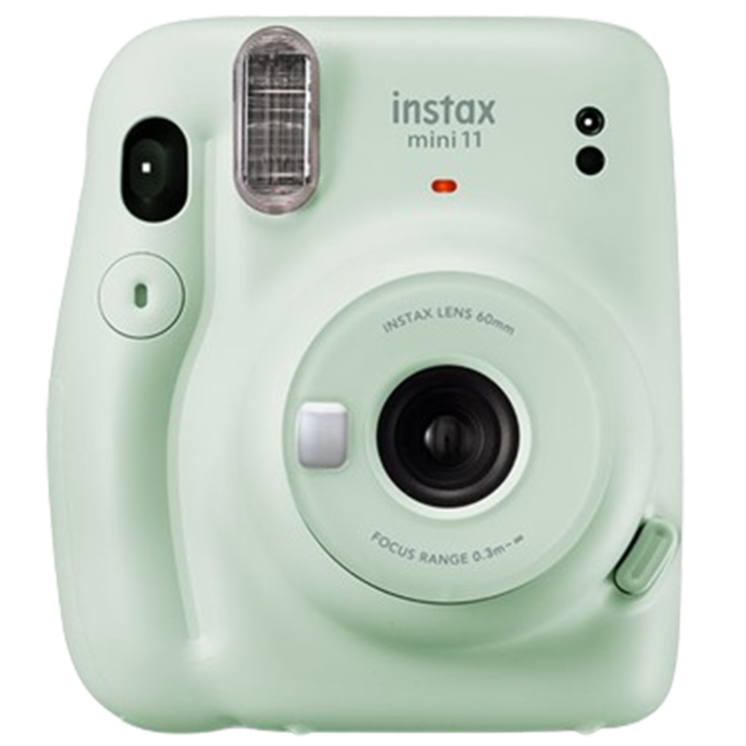Instax Mini 11 instant camera in a soft mint green color, ideal for travel photography.