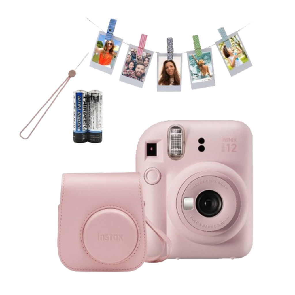The Instax Mini 12 series featuring instant cameras in pink, blue, black, and purple, for instant photo enjoyment.