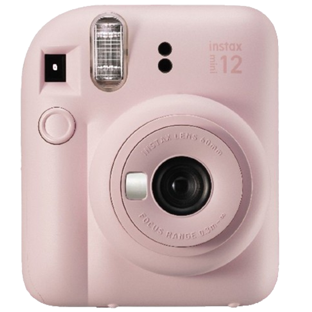 Instax Mini 12 instant camera in a delicate pink hue, combining style and functionality for travelers.