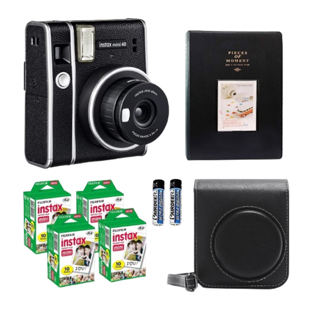 Instax Mini 40 camera along with film packs and a black carrying case, the complete set for a vintage-inspired instant photo experience.