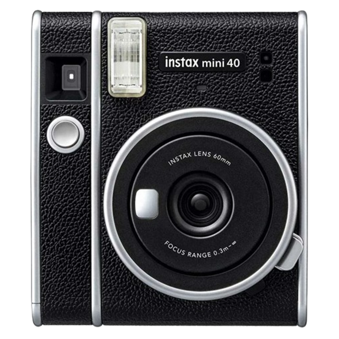 Instax Mini 40 instant camera with a classic black leatherette design, evoking a retro feel while providing modern instant photography.