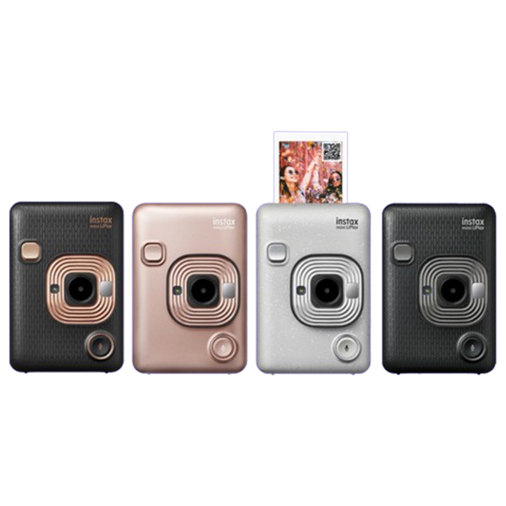 A lineup of Instax Mini LiPlay cameras in elegant rose gold, stone white, and matte black, for instant photos with a touch of sophistication.