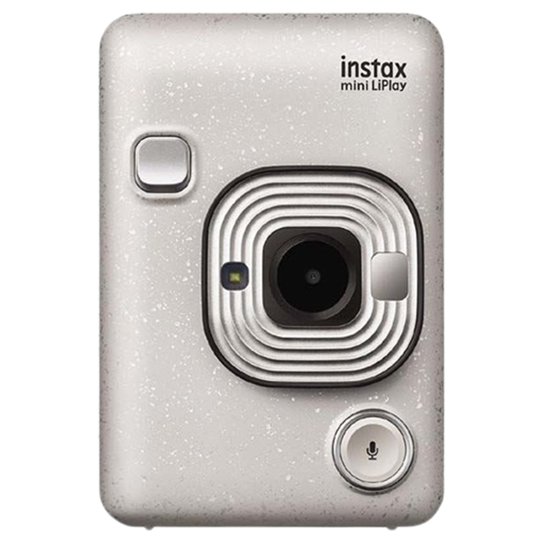 Instax Mini LiPlay instant camera in a unique stone white with a speckled design, blending modern features with a classic look for travelers.