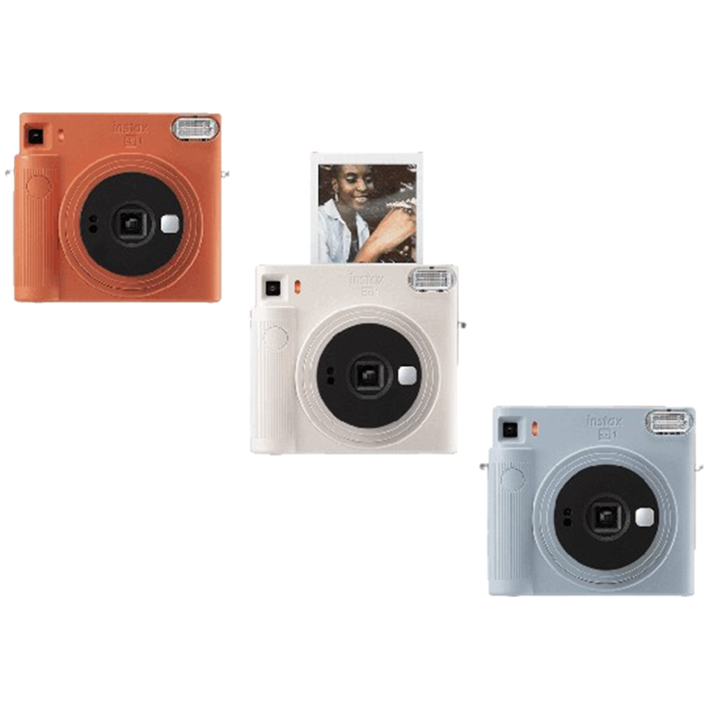 An array of Instax Square SQ1 cameras in orange, white, and blue, designed for capturing instant square photos with flair.