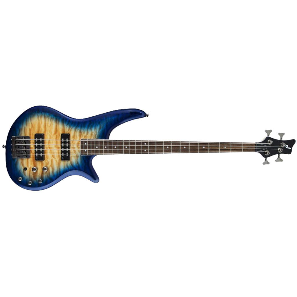 A vibrant blue burst Jackson JS Series Spectra Bass JS3Q, combining aesthetics with functionality for beginner players.