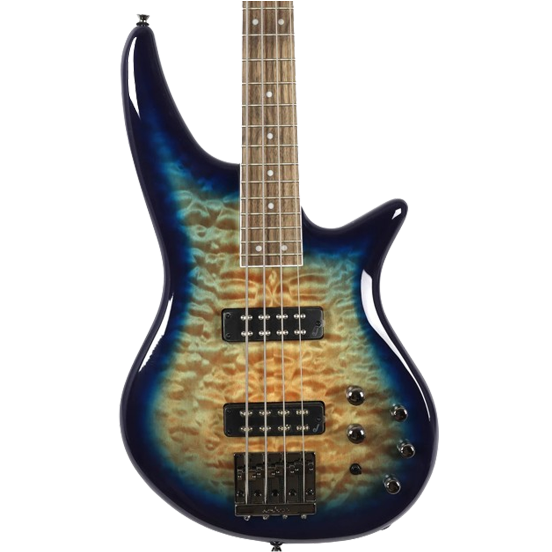 Jackson JS Series Spectra Bass JS3Q with a quilted top, providing a striking look and rich sound for beginner bass guitarists.
