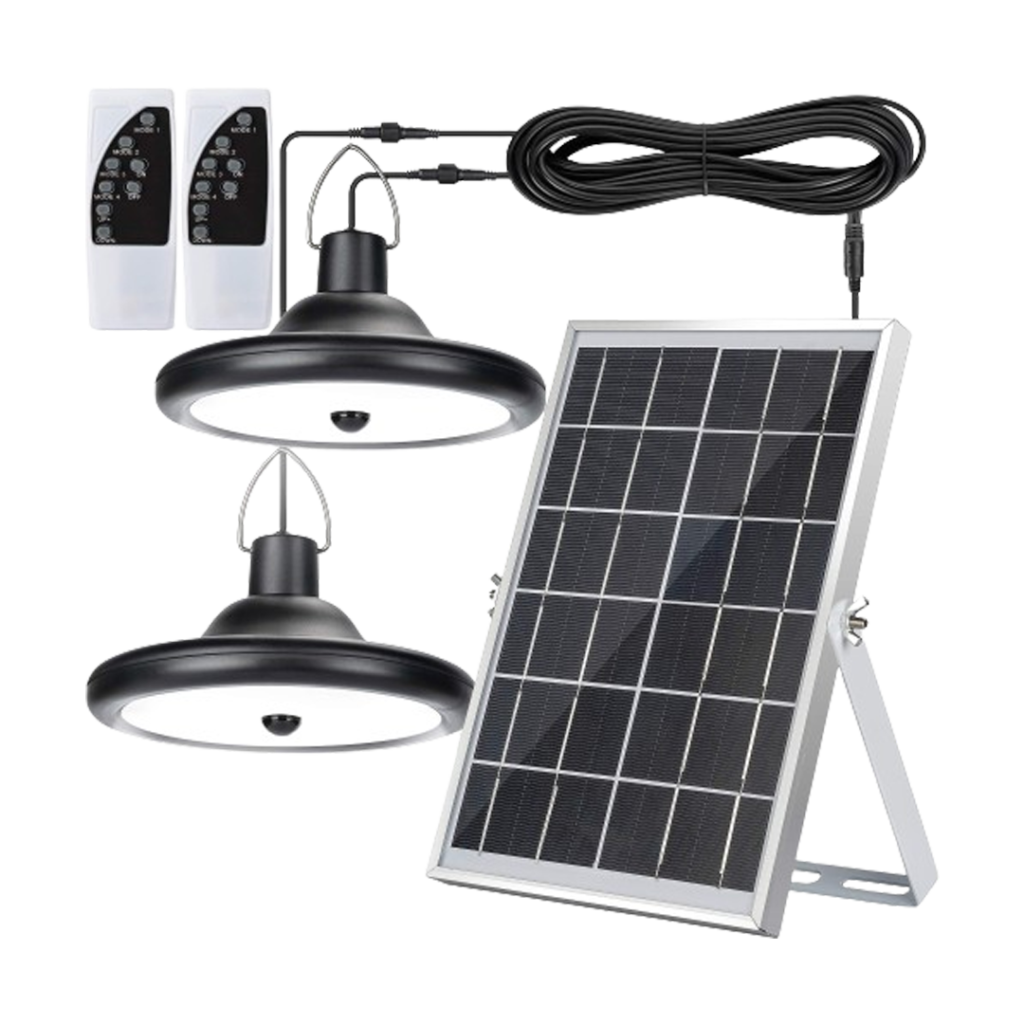 The Jackyled dual head solar shed light, featuring two independent lamps and a large solar panel for the lighting system.