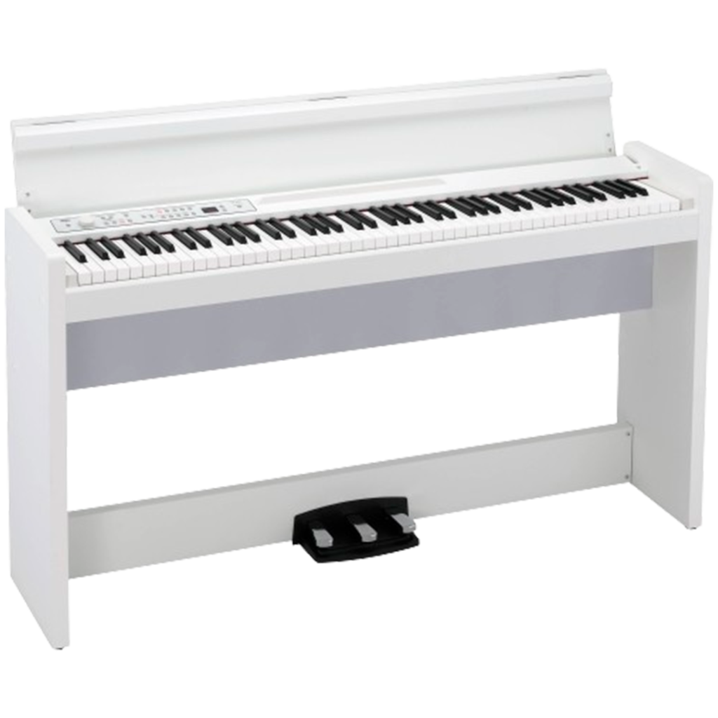 Among the digital pianos, the white Korg LP-380U excels with its stylish cabinet design and the expressive touch of an authentic grand piano experience.