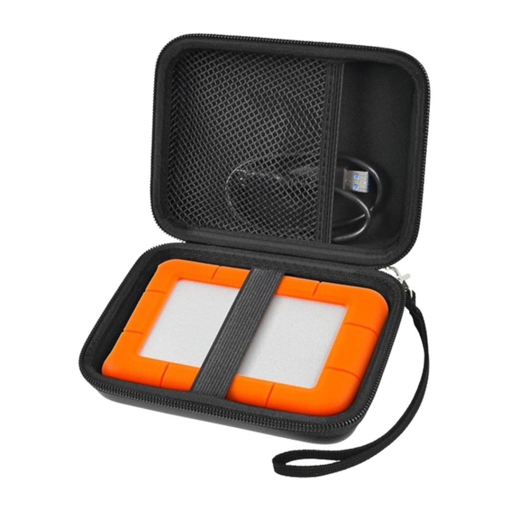 LaCie Rugged Mini external hard drive in a protective case, perfect for musicians on the go.