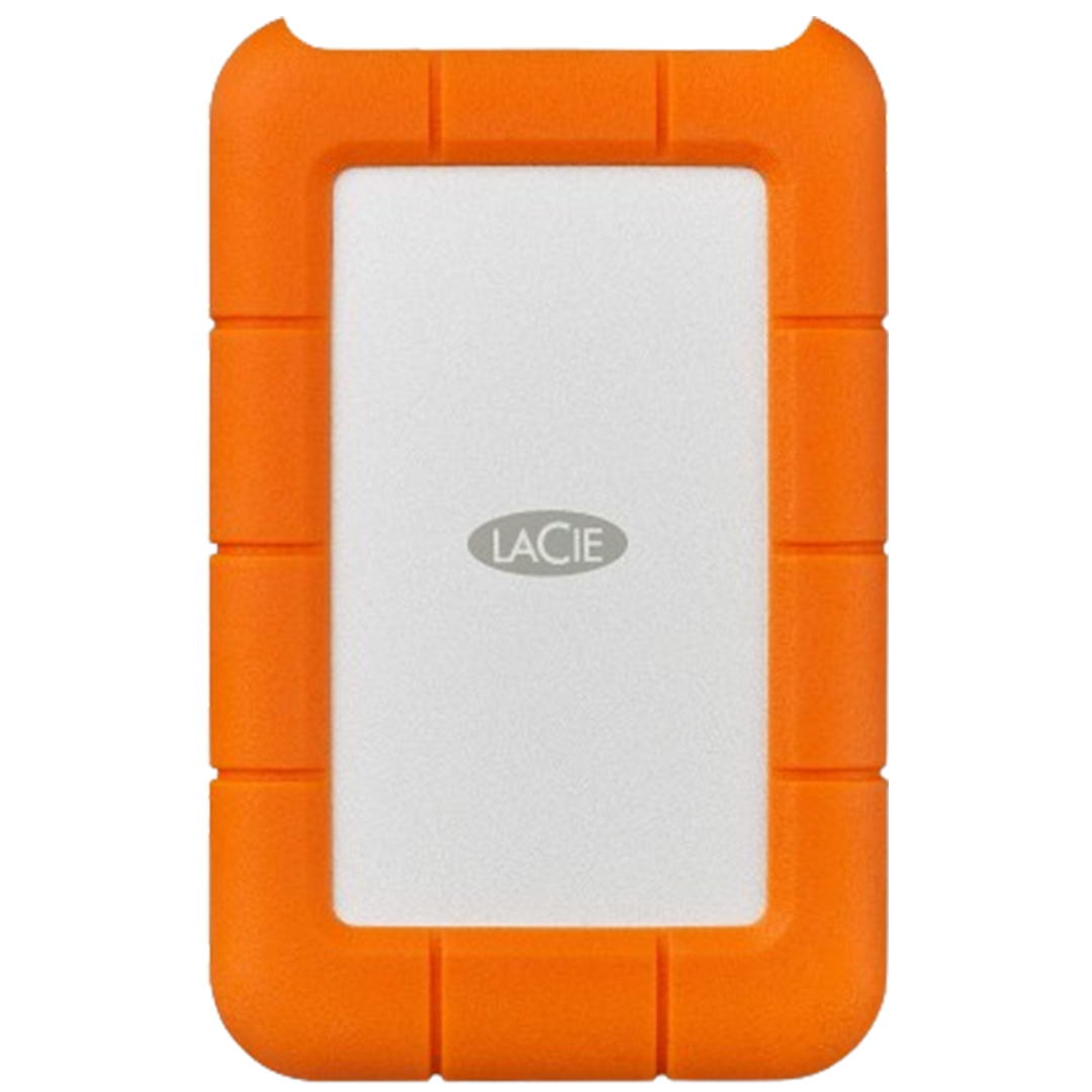 LaCie Rugged Mini external hard drive in orange enclosure, ideal for music production storage needs.