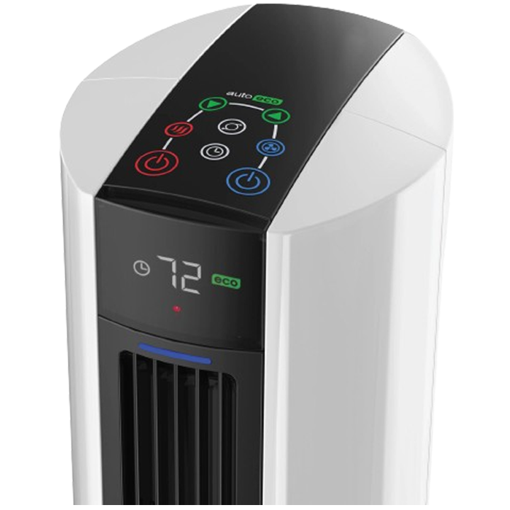 The Lasko FH500 presents a streamlined white tower design with an intuitive touch control panel, offering a versatile combination of fan and heater functions for year-round indoor climate control in 2024.