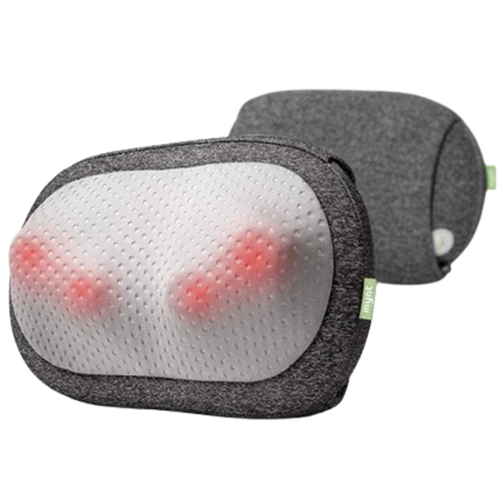 A user enjoying the Mynt Cordless Neck and Back Massager, the massage pillow offering personalized comfort and cordless convenience.