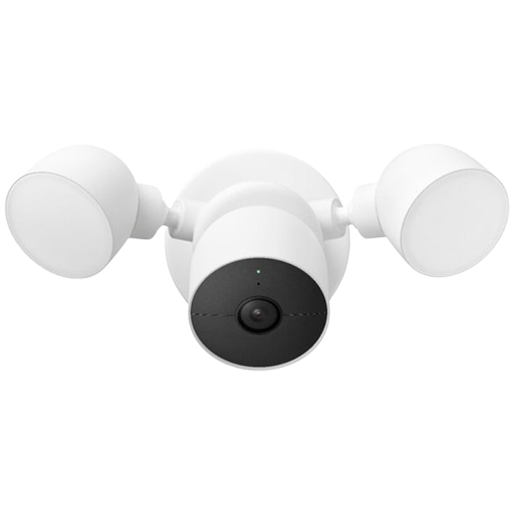 A Nest Cam Floodlight Security Camera, featuring dual lights and a central camera, offers enhanced visibility and security for outdoor areas.