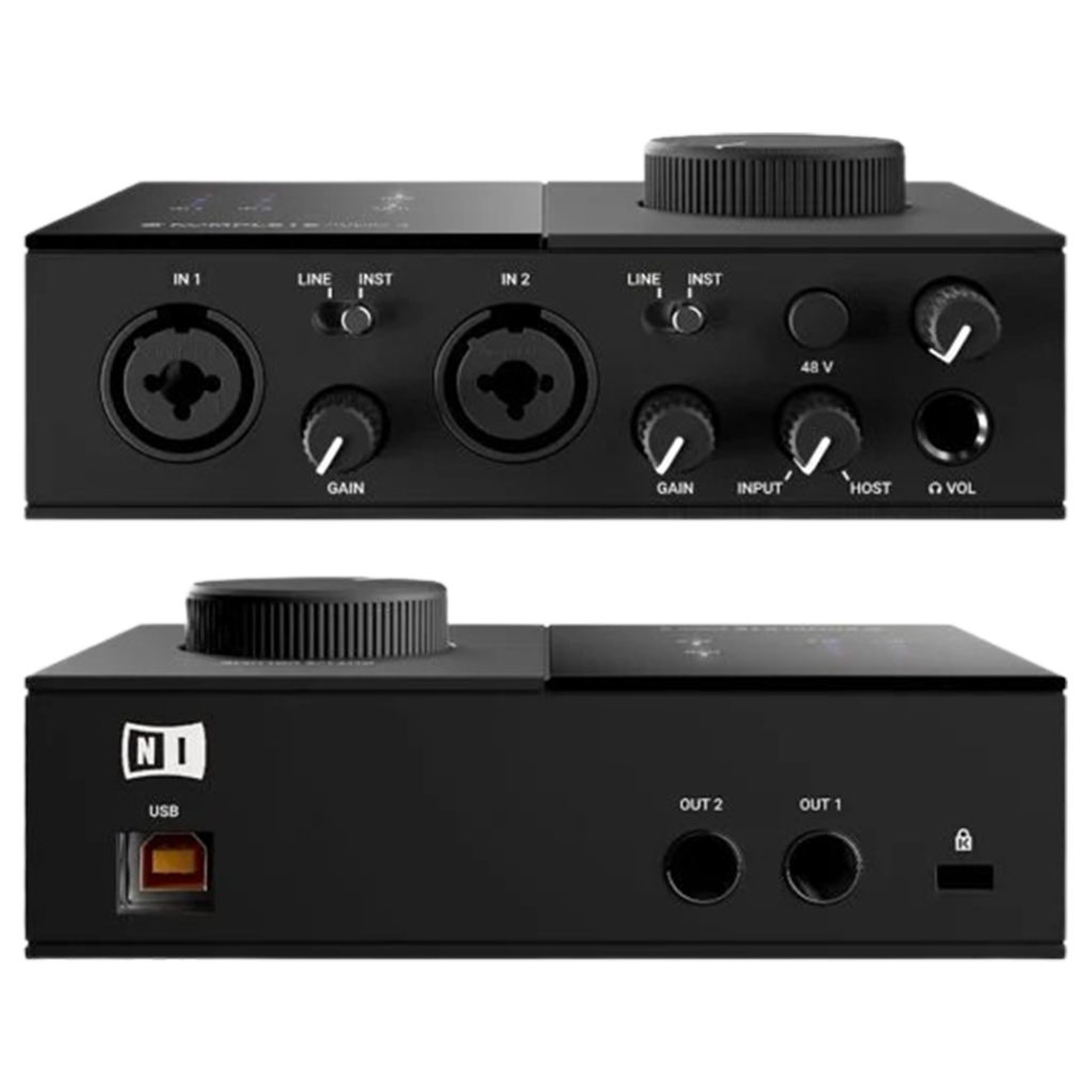 Native Instruments Komplete Audio 2 is celebrated as one of the best audio interfaces for guitarists, known for its sleek design and portability.