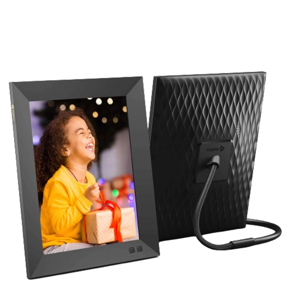 A child's joyful expression opening a gift, frozen in time by the Nixplay 2K Smart, the perfect digital photo frame for grandparents' delight.