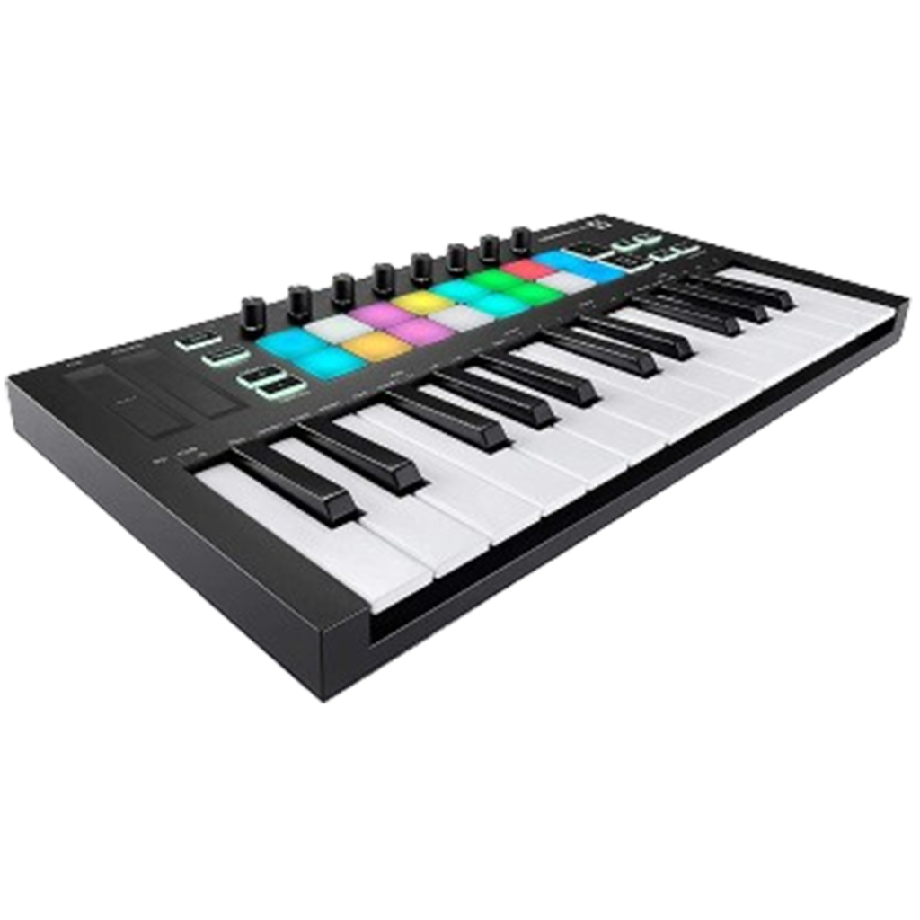 An up-close look at the Novation Launchkey Mini MIDI Controller, highlighting its colorful performance pads, knobs, and touch-sensitive keys for dynamic music creation.