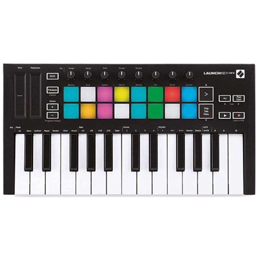 Novation Launchkey Mini MIDI keyboard with vibrant pads and knobs, tailored for Ableton Live for an engaging performance and production experience.