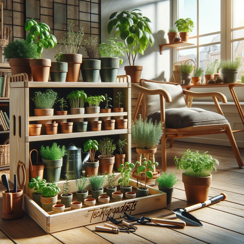 A cozy sunlit corner filled with an assortment of potted plants in an indoor gardening kit, complete with gardening tools, creating a peaceful green haven in the home.