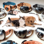A diverse array of pet collar cameras showcased alongside a lounging cat and a watchful dog, ready to document their every move.
