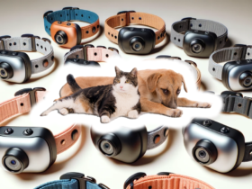 A diverse array of pet collar cameras showcased alongside a lounging cat and a watchful dog, ready to document their every move.