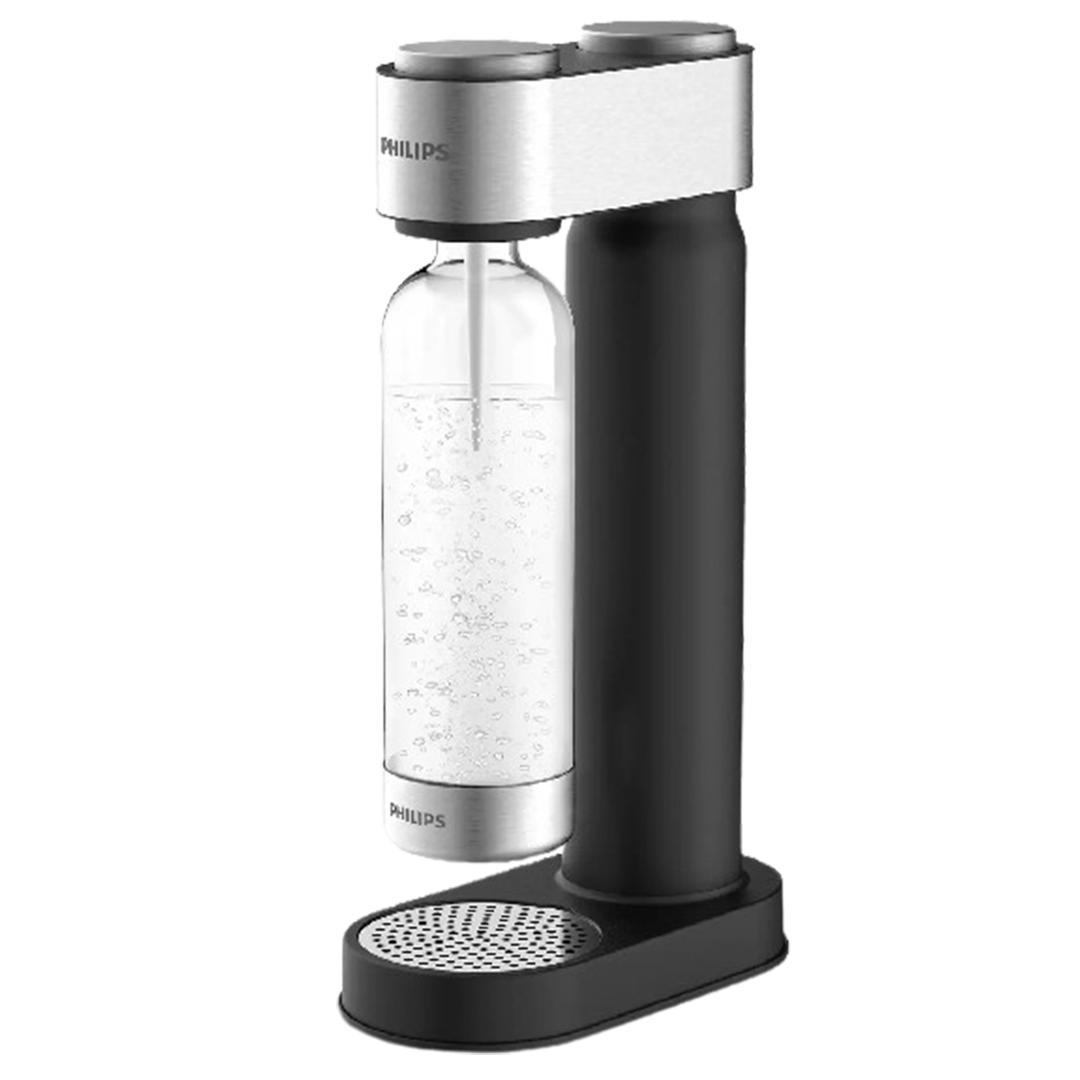 The Philips GoZero sparkling water maker, featured in a minimalist black design, actively carbonating water, symbolizing the simplicity of creating refreshing beverages at home.