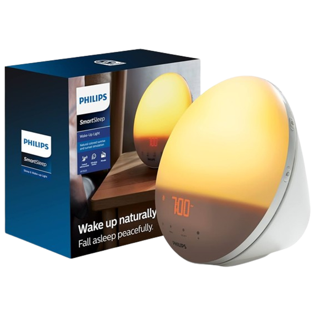 Packaging of the Philips SmartSleep Wake-up Light, the alarm clock designed to wake you up gently and naturally.