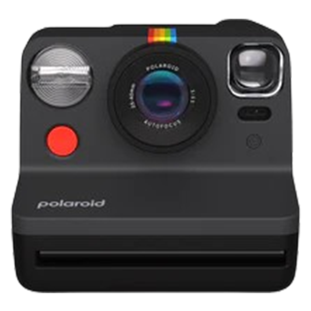 A sleek black Polaroid Now I-Type camera with iconic rainbow stripe, perfect for capturing travel memories instantly.