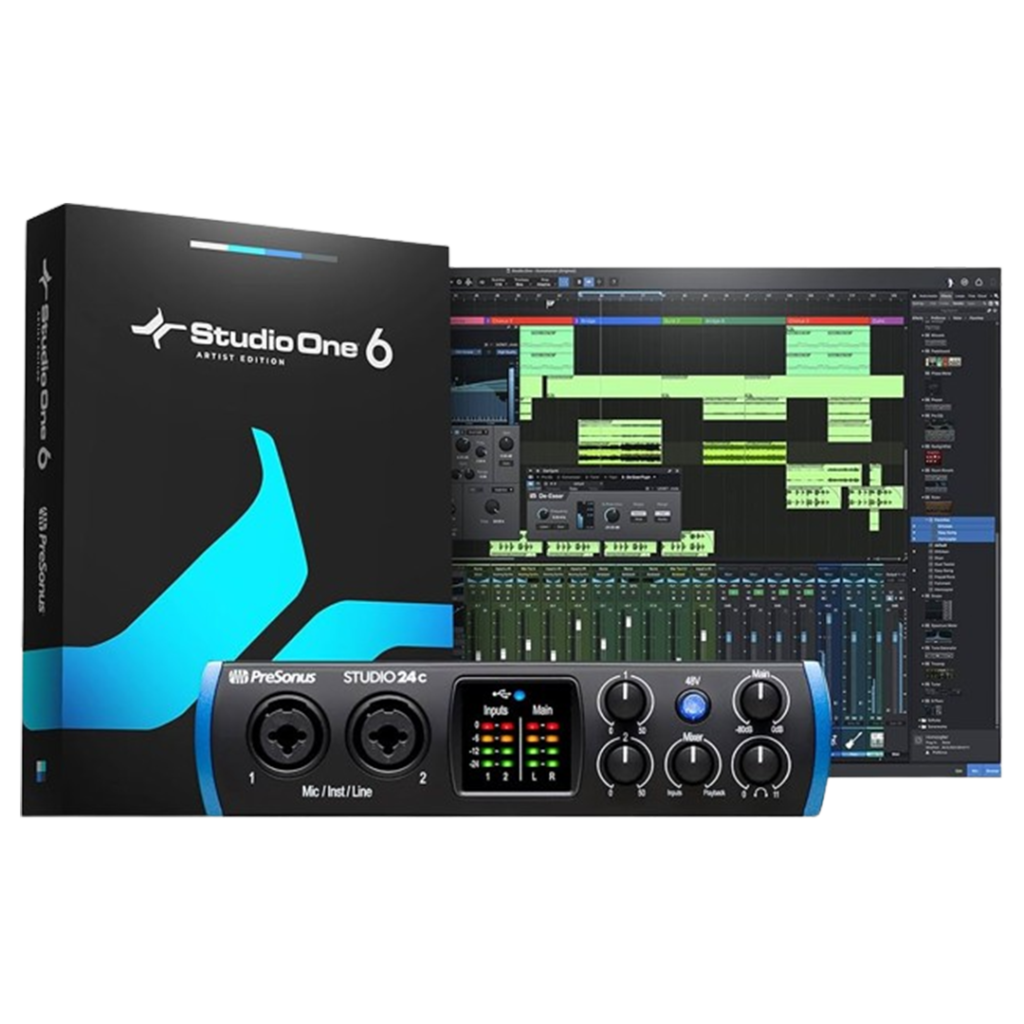 The PreSonus Studio 24c interface, alongside its software package, is presented as one of the audio interfaces that come with a comprehensive software bundle for enhanced production.