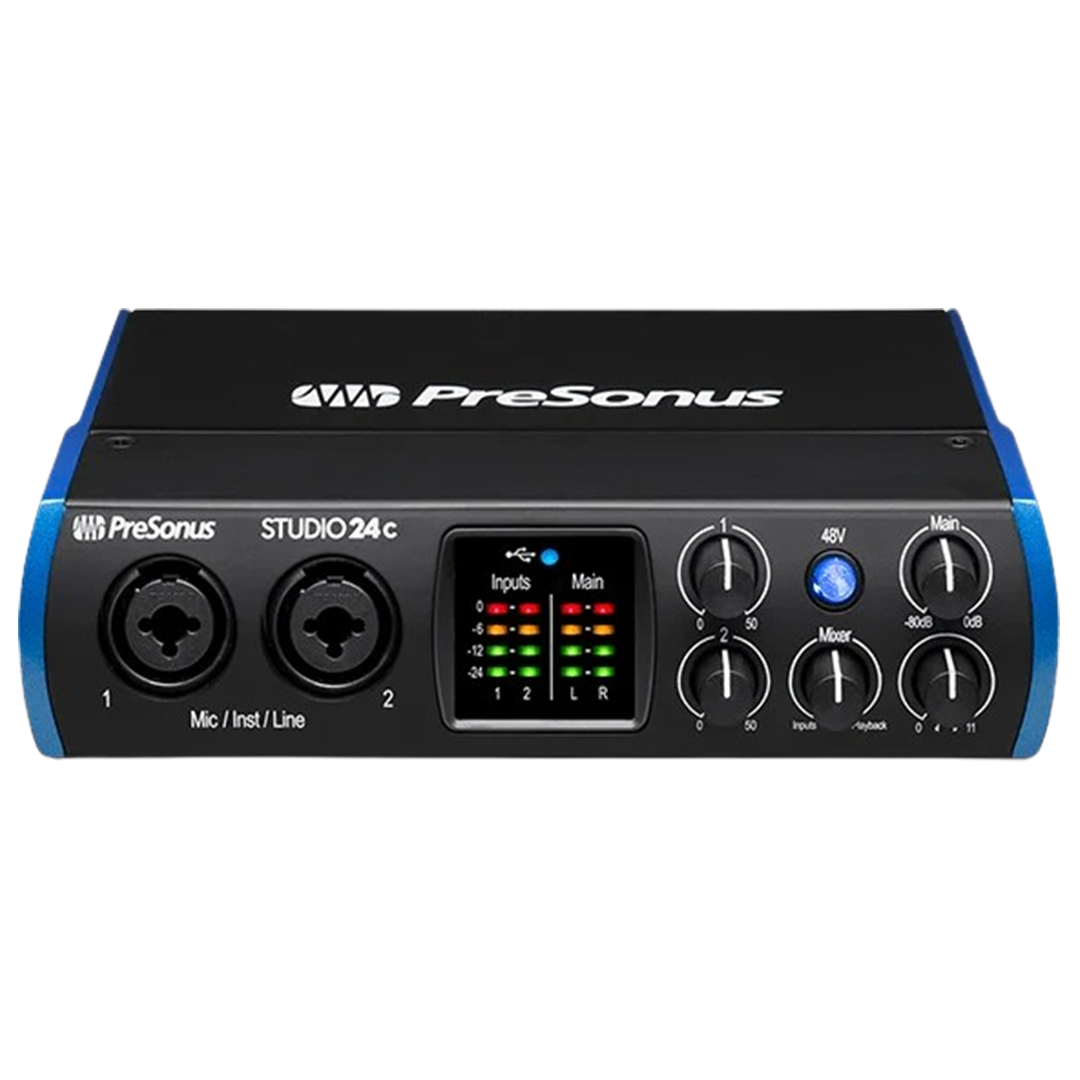 The PreSonus Studio 24c is featured as one of the audio interfaces, perfect for both recording and mixing with its high fidelity and durable controls.