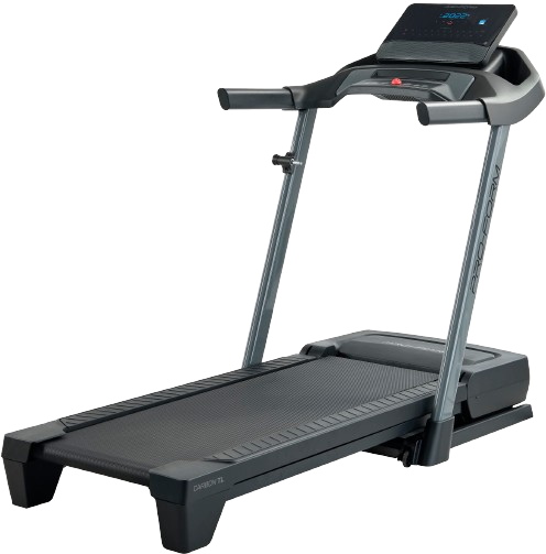 The Pro-Form Carbon TLX Treadmill is presented as the treadmill, emphasizing its cushioned platform and sleek design.