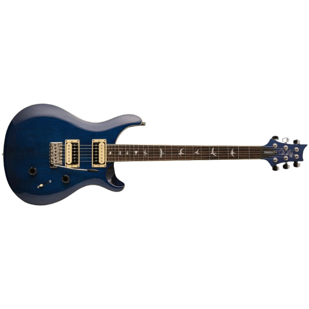 Showcasing a blue PRS SE Standard 24, this electric guitar is highlighted as a top pick for beginners, offering a blend of quality sound and aesthetic appeal.