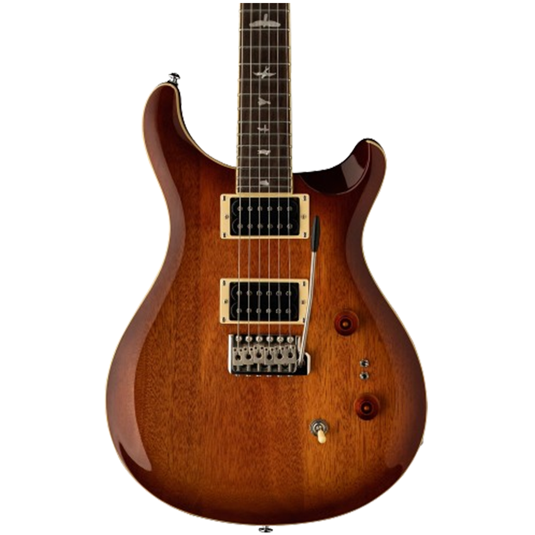 The PRS SE Standard 24 in a rich mahogany finish is featured as one of the electric guitars, known for its versatile tones and comfortable playability.