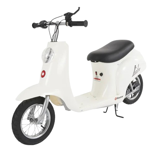 The Razor Pocket Mod Miniature Euro, shown here in a pristine white, offers a vintage-inspired look for kids, making it a top pick for the electric scooter.