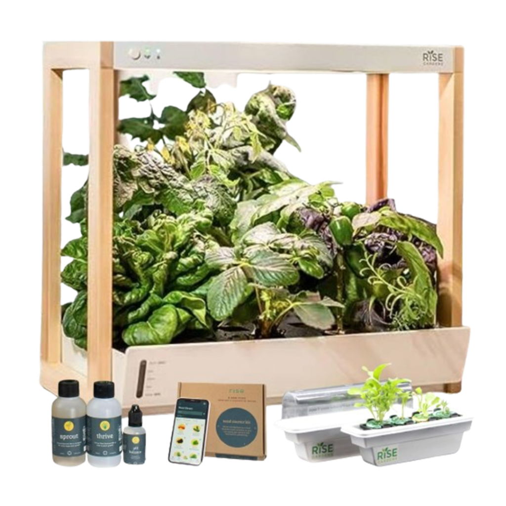 This image features the white Rise Gardens Personal indoor garden kit, highlighting its minimalist design and the healthy, vibrant plants it supports.