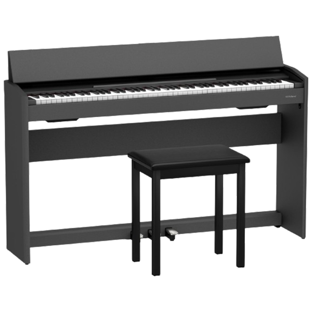 The Roland F107 stands out as one of the digital pianos, offering a minimalist aesthetic with its black finish and providing a deeply expressive playing experience.