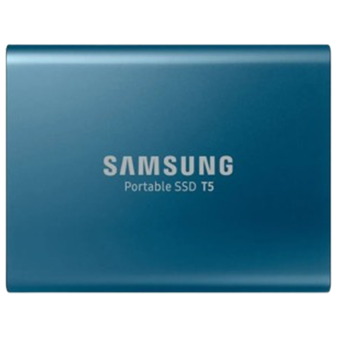 Sleek Samsung T5 portable hard drive in blue, a reliable storage solution for music producers.