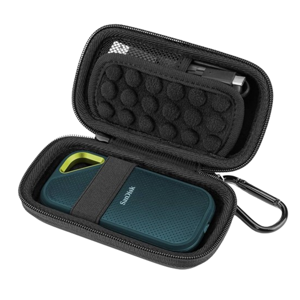 SanDisk Extreme portable hard drive in a cushioned case, ensuring safety of musical projects.