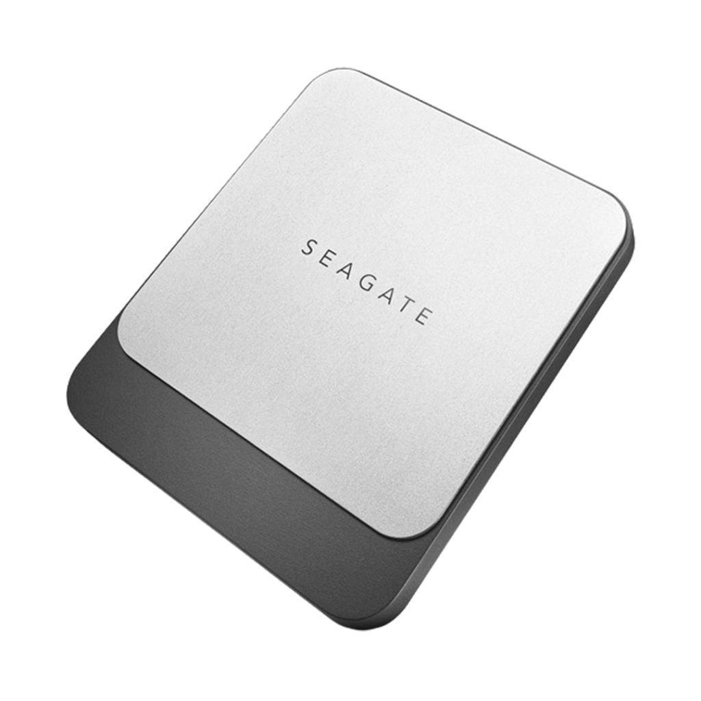 Seagate Fast SSD in a protective cover, enhancing the music production process with speed and portability.