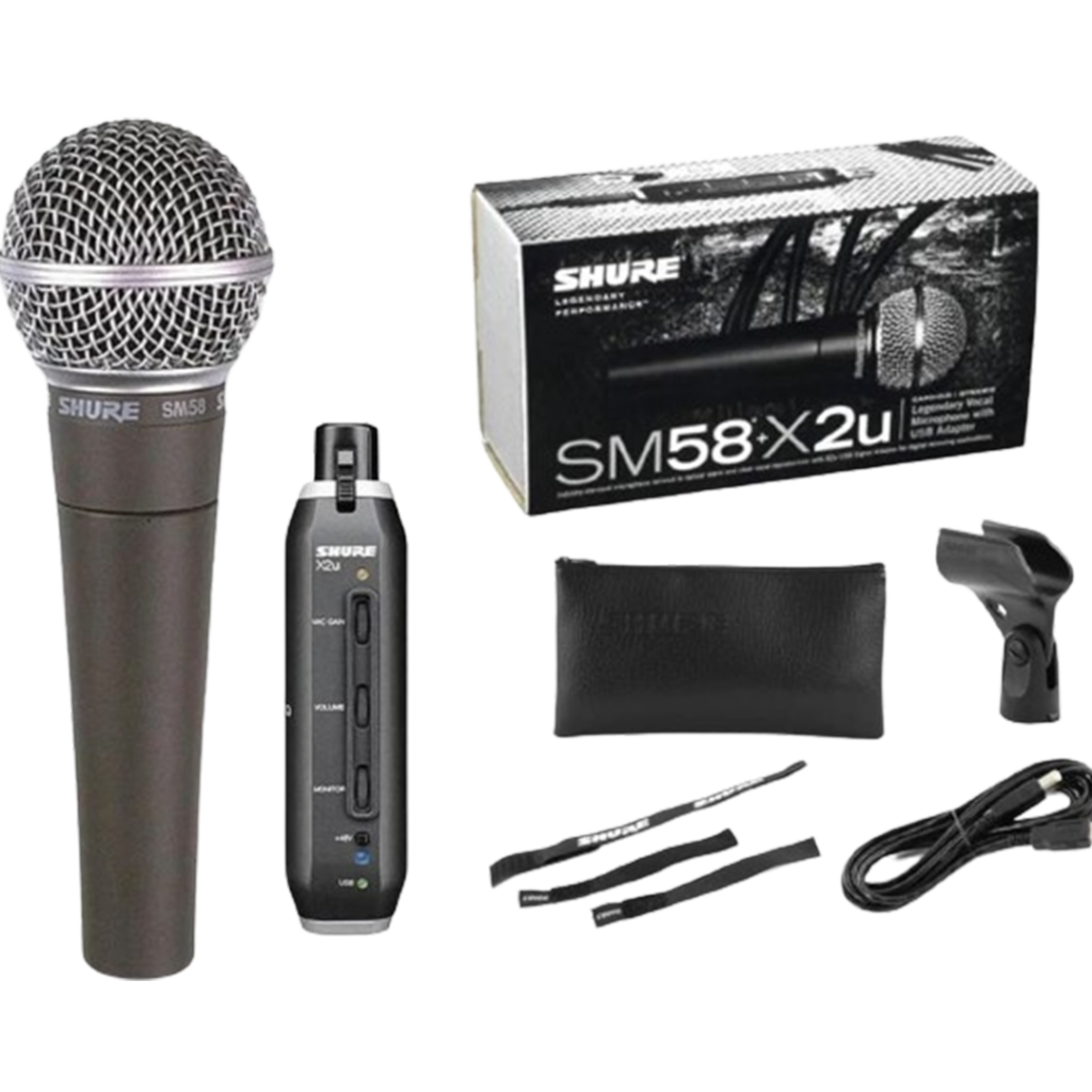 The Shure SM58 microphone bundle, including a cable and stand, provides performers with the complete package for best vocal performance.