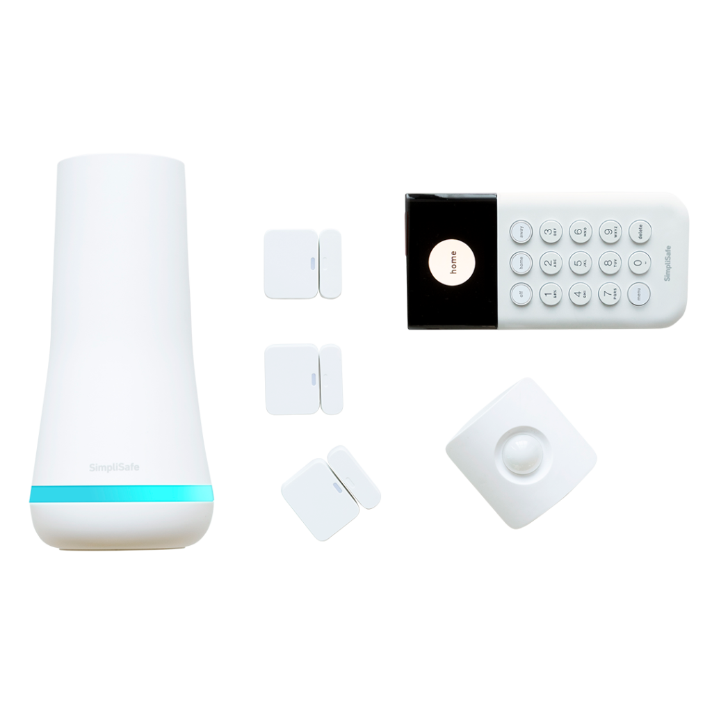 The complete set of SimpliSafe Essentials, including sensors and keypad, fully compatible with Alexa for a seamless smart home security experience.