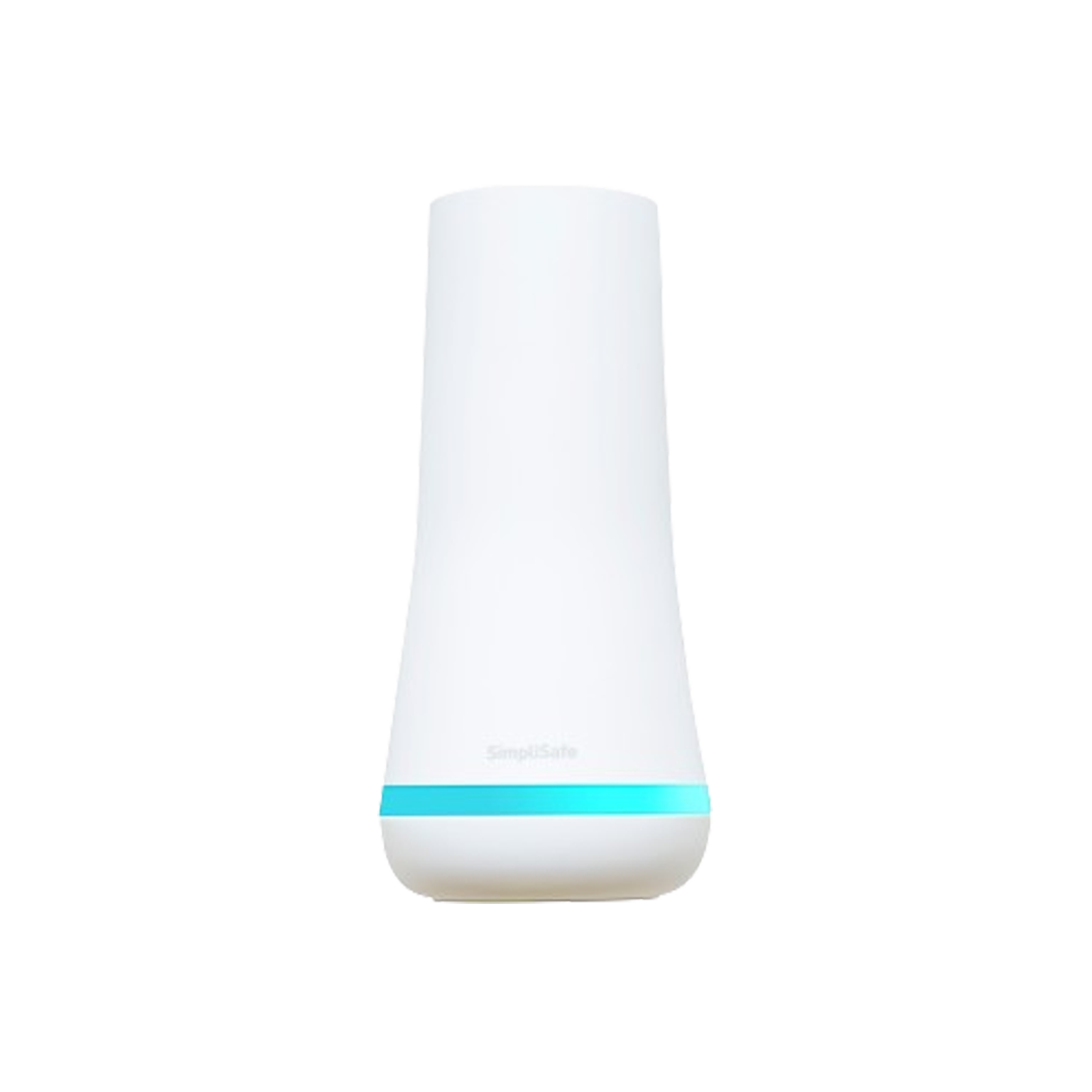A SimpliSafe base station, essential for the SimpliSafe Essentials security package, known for its compatibility with Alexa for voice-controlled security.