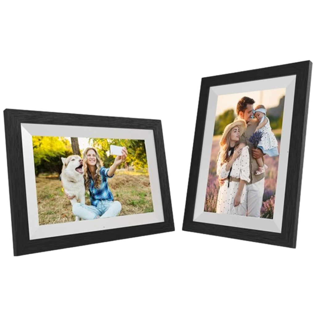 Skylight Frame 10-inch captures a spontaneous selfie moment with a pet, a fun addition to any grandparent's digital photo collection.