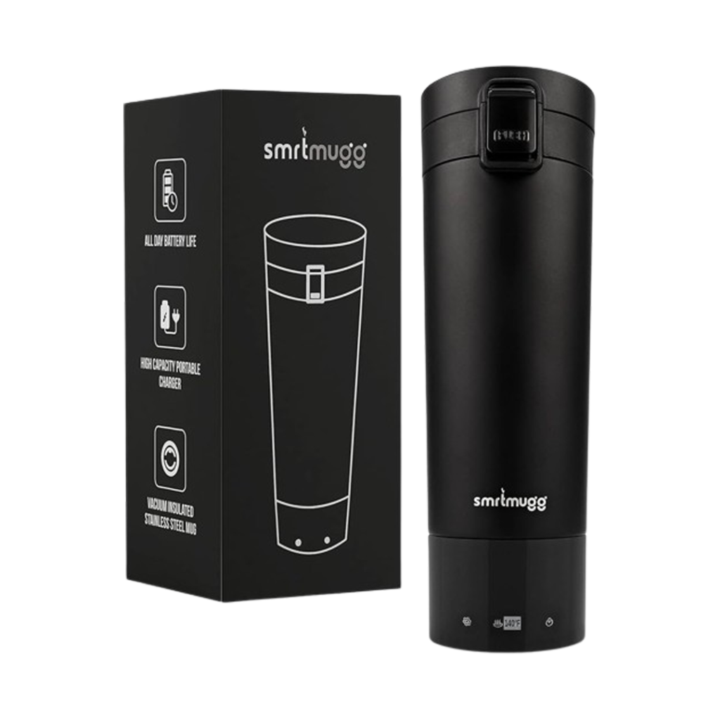 The SMRTMUGG heated travel mug comes with promises of long battery life and a high capacity charger, making it the best self-heating coffee mug for active lifestyles.