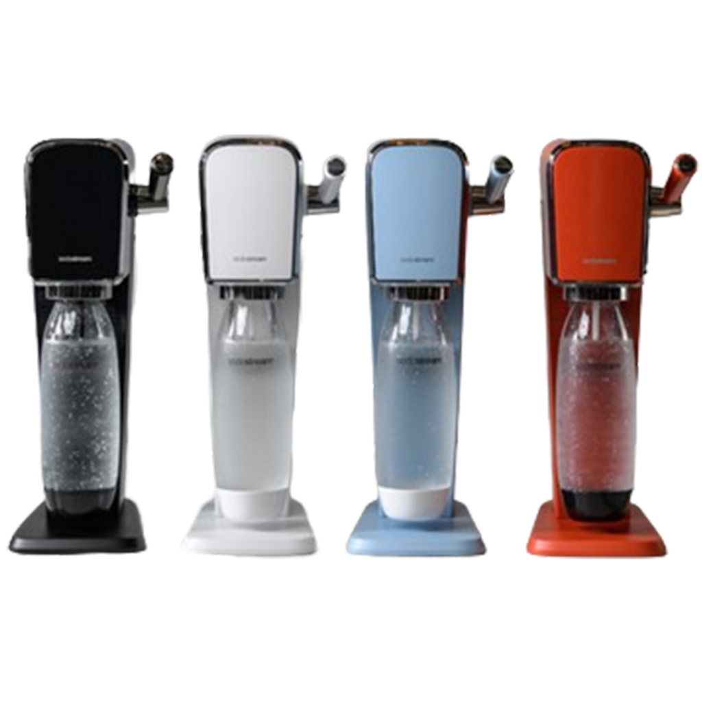 A lineup of SodaStream Art soda makers in black, white, blue, and red, showcasing the vibrant choices available for personalizing the carbonation experience in any kitchen setting.